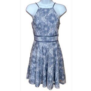 City Triangles Juniors 7 Lace Fit & Flare Halter Blue Floral Coquette Formal EUC